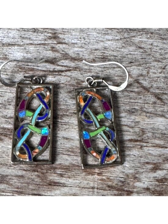 Sterling Silver Jewelry - Sterling Silver Dangle Earrings Women 925 1.5” Multicolor Inlay Artisan